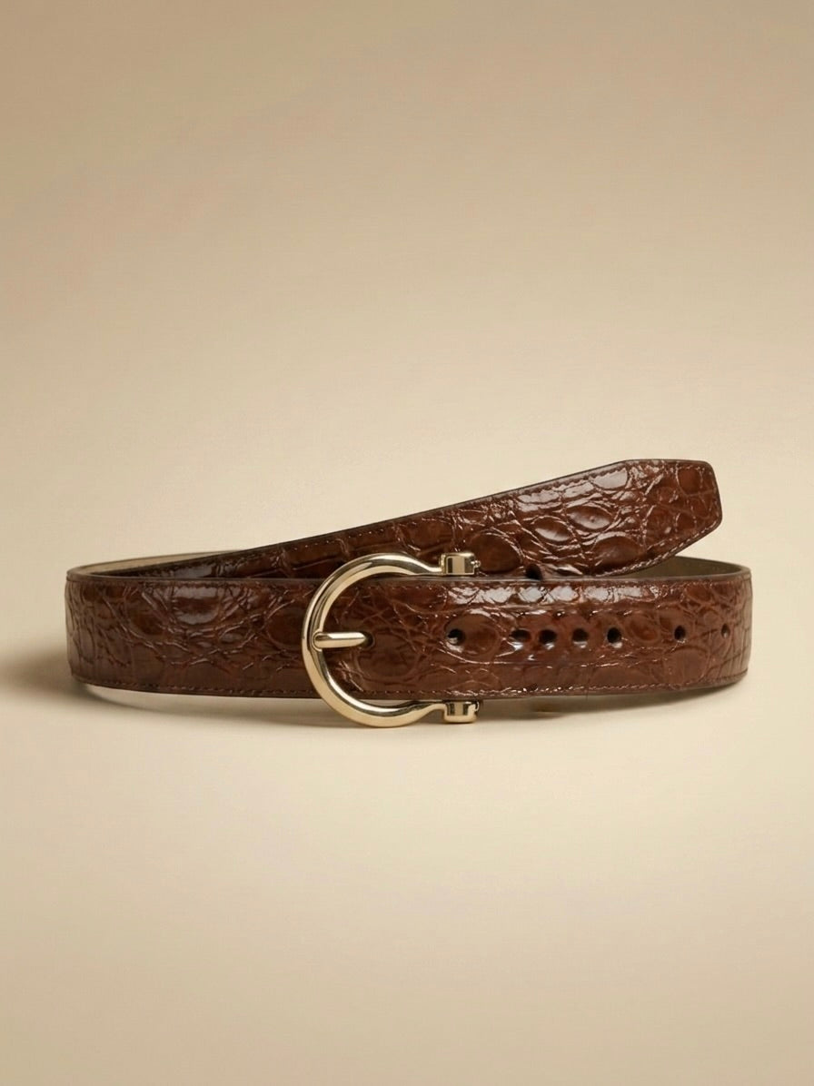 Cinturón de piel de cocodrilo genuino con hebilla minimalista