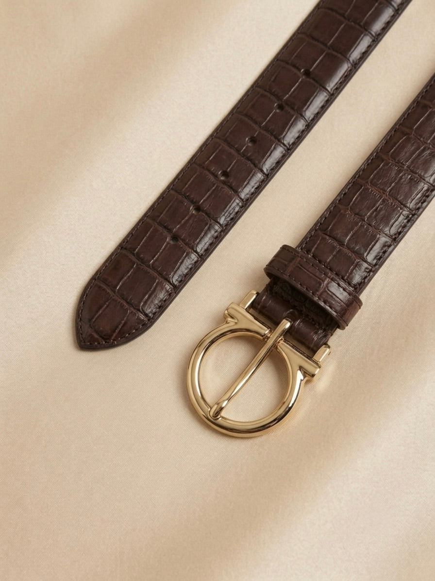 Cinturón de piel de cocodrilo genuino con hebilla minimalista