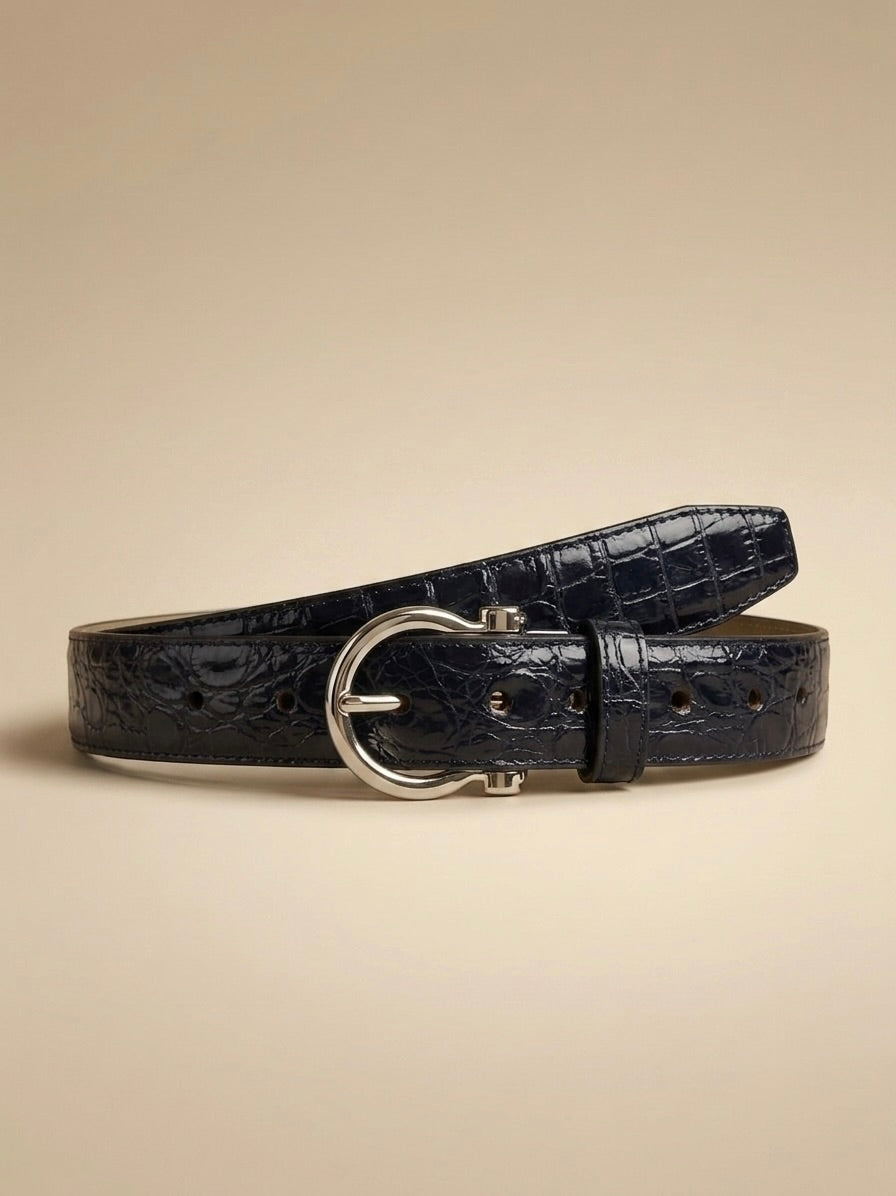 Cinturón de piel de cocodrilo genuino con hebilla minimalista